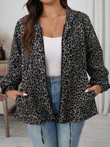 SHEIN LUNE Áo khoác nữ cỡ lớn in họa tiết da báo, tay dài, khóa kéo phía trước, có túi, kiểu dáng thường ngày, có mũ trùm đầu, thích hợp cho kỳ nghỉ thu/đông. - Xám - Xem 4