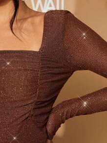 Loomaby Maternity Solid Color Square Neck Long Sleeve Ruched Casual T-Shirt, For Baby Shower Party - Coffee Brown - View 6
