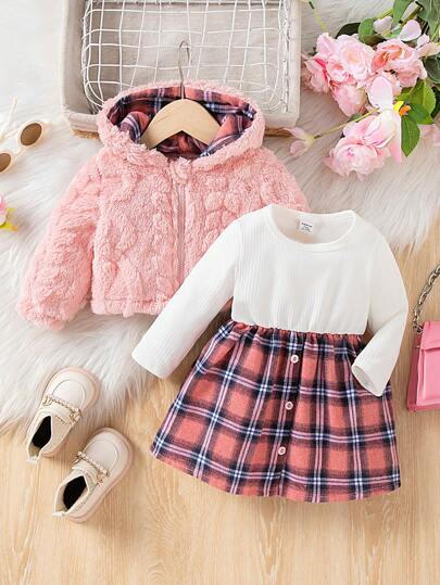 SHEIN 2 件套女婴秋冬季长袖连衣裙，搭配可爱植绒夹克，罗纹提花格子连衣裙