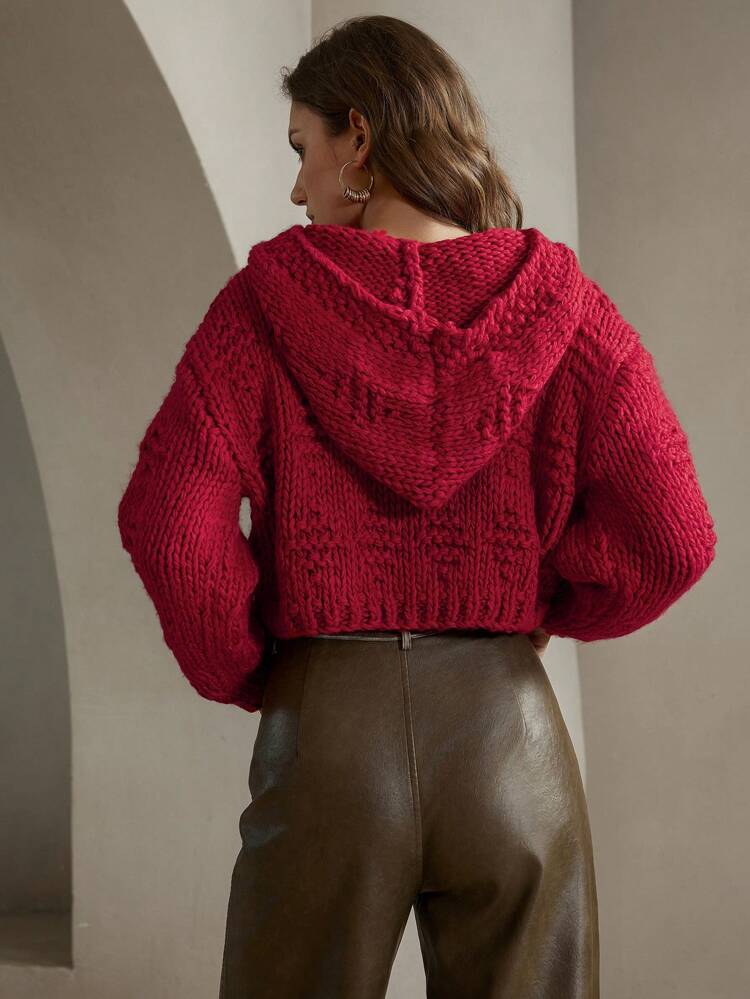 1pc Women's Elegant Embellished Red Oversized Hooded Sweater Knit Pullover Fall Winter