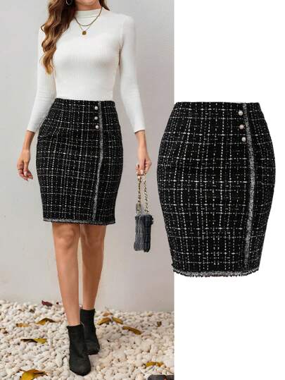 EMERY ROSE تنورة ضيقة قصيرة مزينة بشراريب للنساء لفصلي الخريف والشتاء