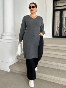 SHEIN Essnce Suéter largo asimétrico de punto holgado de cuello en V gris para mujer de talla grande, ropa de otoño para curvas - Gris - Ver 6