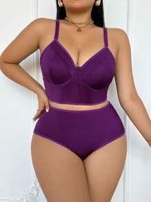 SHEIN Set di lingerie sexy imbottito e minimale per taglie forti - Viola - Visualizzare 3