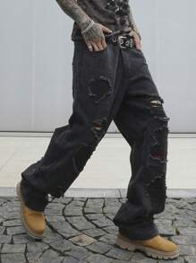 Manfinity EMRG Quần Jeans Nam Túi Và Quần Jeans Rách Dáng Thẳng Rộng Thường Ngày - màu đen - Xem 3