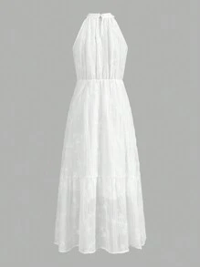 Chiquease Women's Solid Color Sleeveless Floral Embroidered Ruffle Hem Halter Tank Dress, Fashionable - White - View 2