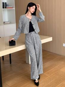 DAZY 2pcs Women Elegant Commuting Set, Including Long Sleeve Single-Breasted Jacket And Pants, Autumn,Fall Women Clothes - Grey - View 9