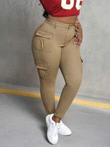SHEIN PETITE CURVE Plus Size Women Khaki Denim Skinny Cargo Pants Summer Vacations Woman 90s Clothes Springs For Women Y2k Clothes Cowgirls For Women Rave Spring Breaks Going Outs Streetwear 2000s Style Raves Country Concert Festivals For Women - Khaki - View 5