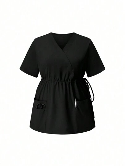 TaskEZ 2pcs Plus Size Women Solid Color V-Neck Short Sleeve Pocket Top And Trouser Nursing Uniform Scrub Set