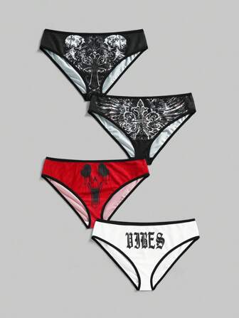 Goth 4 Stück/Set Gothic-Stil Damen Unterhosen mit Skelett-Kreuz & Geister-Grafik-Muster