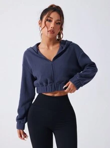 Easithlete 1 chiếc áo khoác thể thao trùm đầu tối giản tay dài khóa kéo phía trước màu trơn, mặc thường ngày - Màu xám đen - Xem 3