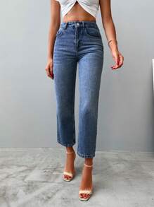 EURMUSE High Waist Straight Leg Jeans - Medium Wash - View 5