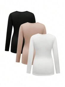 SHEIN Gravid Enfärgad Rund Hals Långärmad Plisserad Casual T-shirt, höst - Aprikos - Visa 2