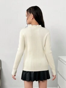 Tween Girls Cozy Fitted High Neck Ruffle Hem Apricot Long Sleeve Knitted Sweater, Winter - Apricot - View 2