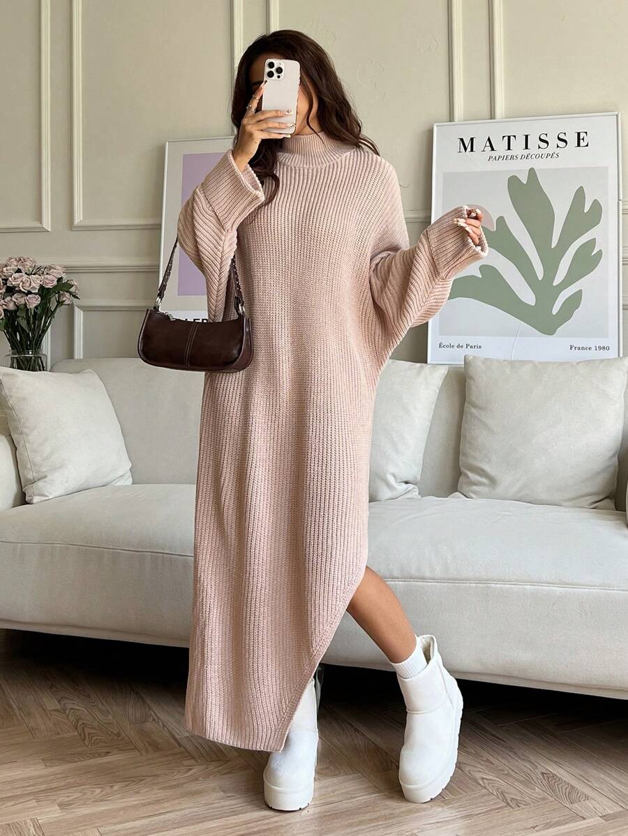 SHEIN EZwear Damen einfarbiges Lässig Kleid mit hohem Kragen, Langarm und hohem Schlitz, Pulloverkleid
