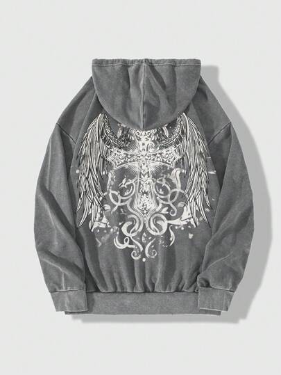 Goth Felpa casual con chiusura lampo frontale, maniche lunghe, tasche e stampa, adatta per l'uso quotidiano in autunno, per uomo