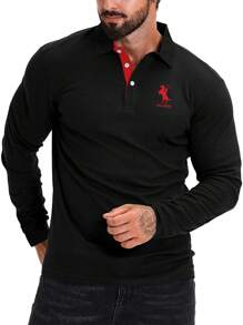 Manfinity Dauomo Men's Casual Everyday Horse Print Button Half-Open Collar Long Sleeve Polo Shirt, Autumn - Black - View 5