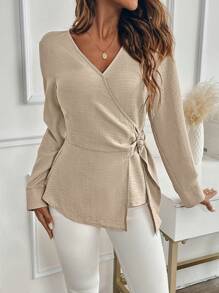 SHEIN Clasi Chemisier à manches longues élégant avec décoration de boutons pour femme, automne/hiver - Kaki - Voir 7