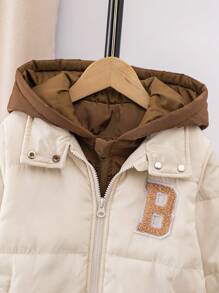 男童休闲运动二合一撞色罗纹带装饰刺绣贴布连帽中长款棉服外套