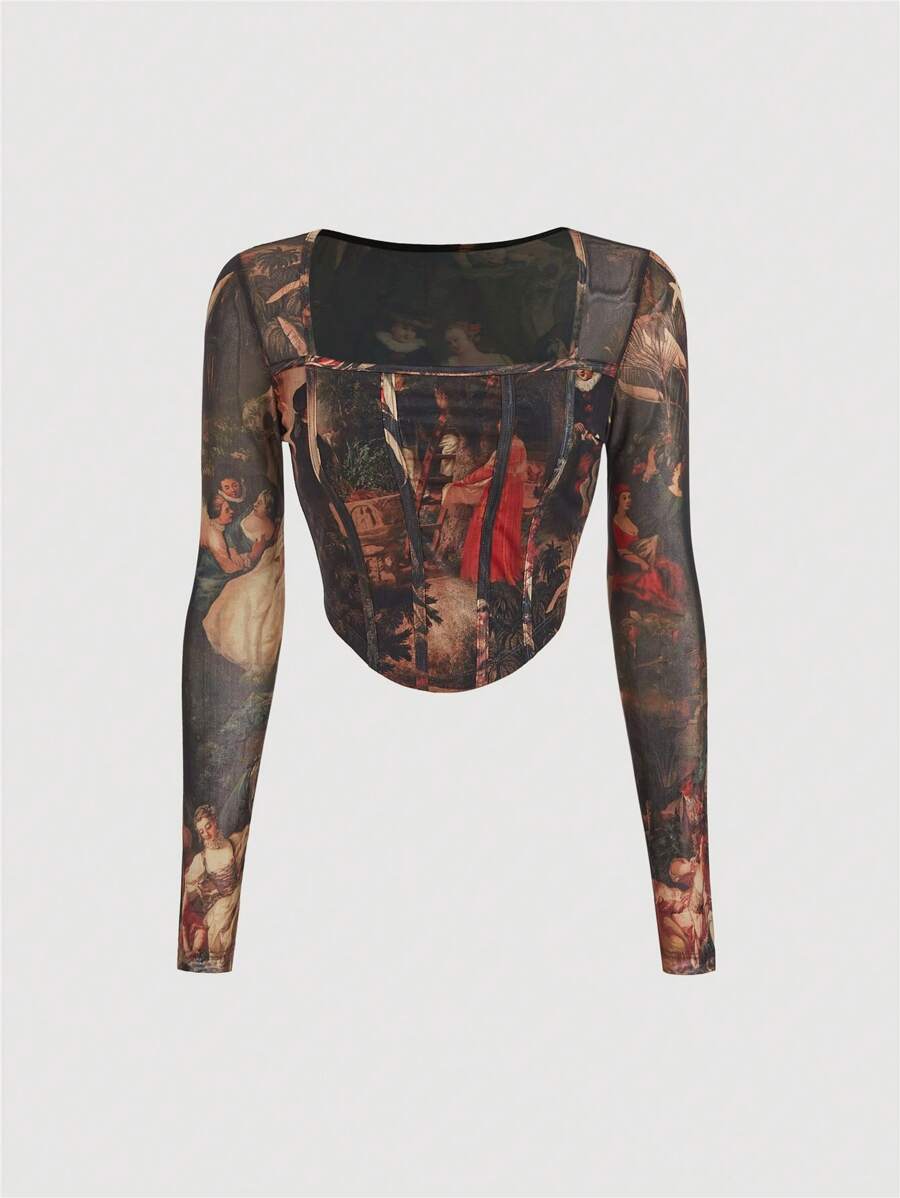 SHEIN MOD 方领长袖复古图案印花网眼 T 恤、修身 T 恤、女式长袖、希腊女神服装、嬉皮士服装、性感女装， - 彩色 - 查看 1