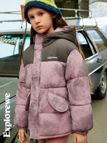 SHEIN Tween Girls Urban Casual Style Colorblock Ink Painting Print Padded Coat With Hood, Comfortable & Warm, Suitable For Daily Wear & Streetwear For Girls, 10-16 Years Old - Multicolor - View 4