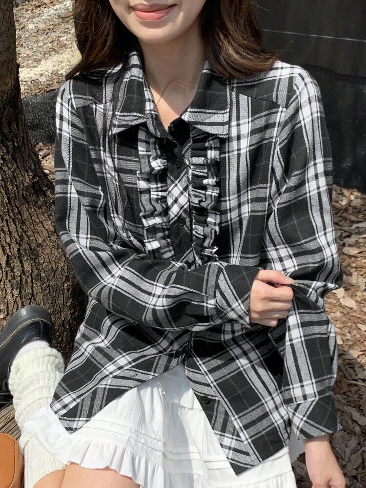 Plaid Loose Fit Long Sleeve Ruffle Collar Blouse For Women,Fall Clothes,Flannels Women