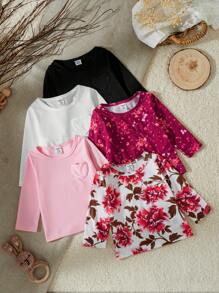 SHEIN 5pcs Girls Comfortable Long Sleeve Tops, Autumn - Multicolor - View 4