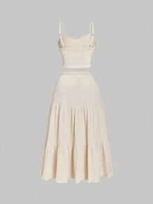 SHEIN MOD 2 件套大码女式杏色针织吊带背心和长款中裙套装