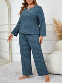 V-Neck Fleece Ribbed Long Sleeve Plus Size Pajama Set