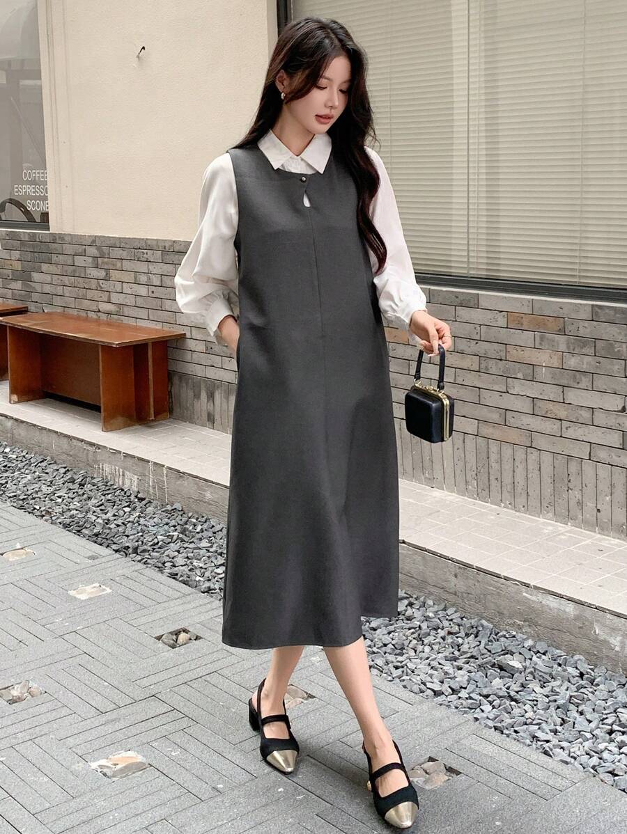 DAZY Women's Sleeveless Midi Dress, Autumn/Winter Shirt Dress - Grey - View 1