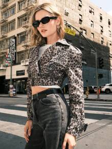 SHEIN EZwear 女士秋冬纯棉人字纹印花宽松短款风衣 - 棕色 - 查看 5