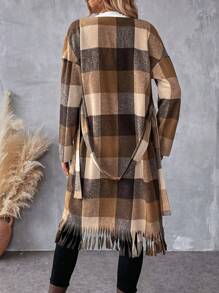 SHEIN LUNE 女式保暖格子领长款大衣，秋冬款 - 棕色 - 查看 2