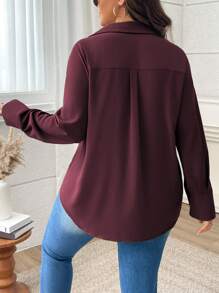 Vionelle Blusa suelta de mujer de talla grande con cuello de camisa y hombros caídos, de unicolor, para primavera y otoño