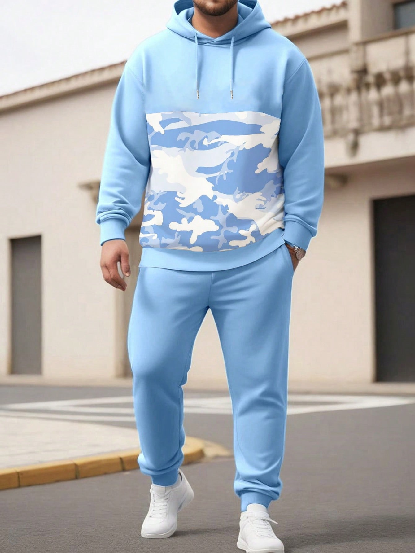 Manfinity Dauomo Men Street Style Camouflage Print Drawstring Hooded Sweatshirt & Jogger Sweatpants 2pcs Set, Spring & Autumn