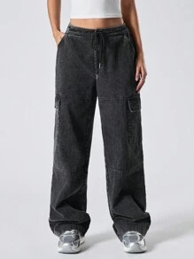 LYSMO Women's Washed Low Waist Cargo Jeans - Black - View 1