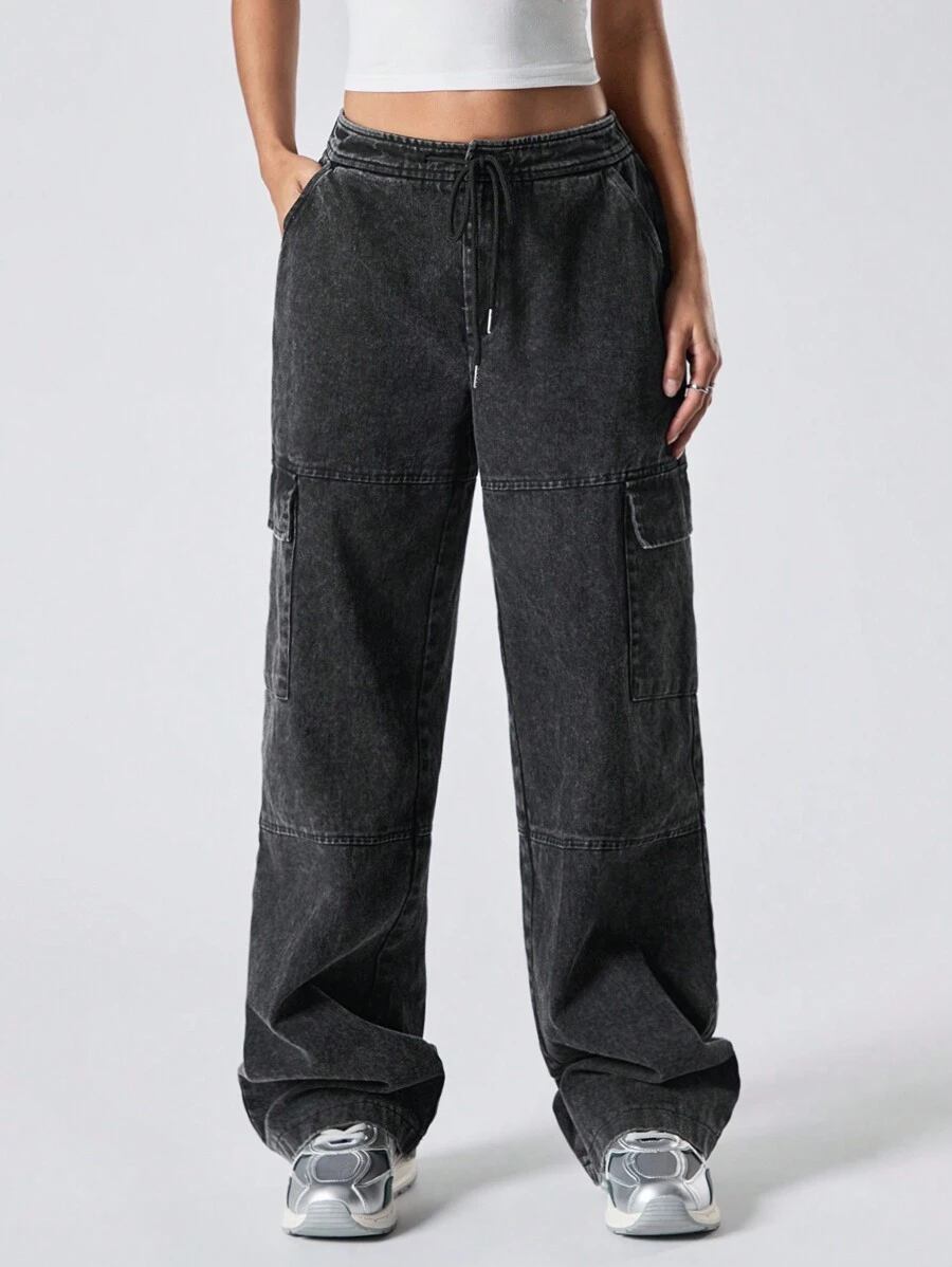 LYSMO Women's Washed Low Waist Cargo Jeans - Black - View 1
