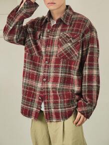 DAZY 男士秋季格纹落肩长袖口袋宽松休闲衬衫