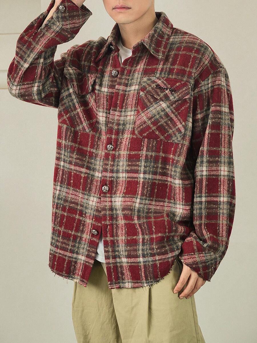 DAZY 男士秋季格纹落肩长袖口袋宽松休闲衬衫