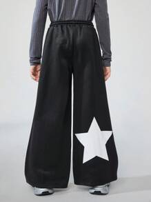 SHEIN Pantalon de survêtement large à imprimé blocs de couleurs étoile décontracté pour préadolescentes, automne
