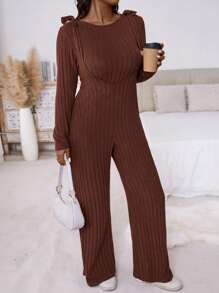 SHEIN LUNE Plus Size Casual Solid Color Long Sleeve Top And Jumpsuit 2 Pieces Set, Autumn