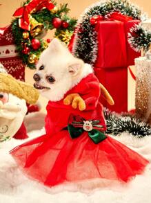PETSIN 1 件宠物通用红色连帽驯鹿服装，带蝴蝶结和薄纱设计，狗狗连衣裙，圣诞装