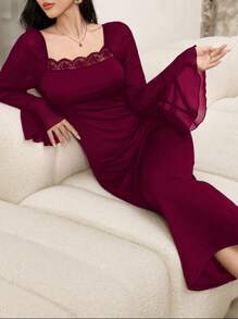 Modelyn 勃艮第红女士优雅纯色蕾丝边喇叭袖美人鱼下摆连衣裙，秋季 - 酒紅色 - 查看 5