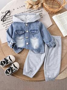 男婴休闲牛仔拼布连帽夹克和裤子套装，秋季