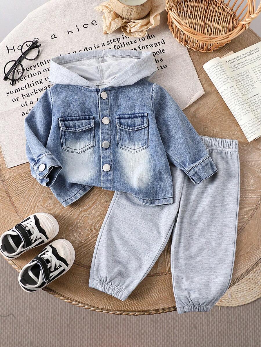 男婴休闲牛仔拼布连帽夹克和裤子套装，秋季