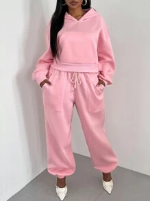 Maweii Conjunto de 2 piezas talla grande: sudadera holgada con bolsillo delantero y pantalón con cintura elástica para mujer, conjunto de atuendo informal - Rosa Pálido - Ver 3