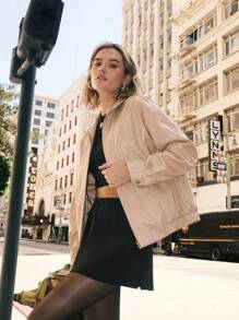SHEIN EZwear 动物印花 PU 落肩拉链 PU 短款皮夹克 - 彩色 - 查看 3