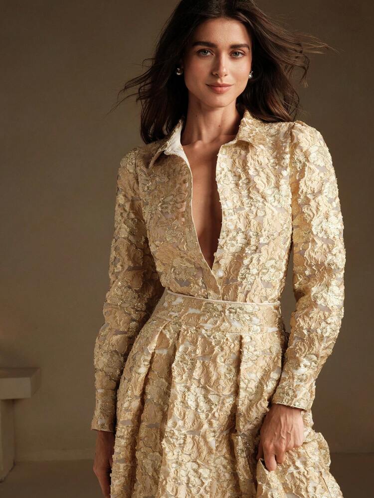 Collar Long Sleeve Gold Foil Jacquard Semi-Sheer Fitted Retro Elegant Blouse For New Year Holiday Party Clothes