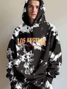 SHEIN Los Angeles Tie-Dye Print Casual Loose Fit Pullover Hoodie, Tween Boy Minimalist Style, Autumn/Winter