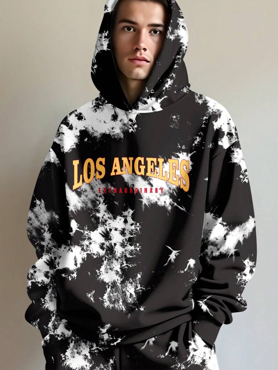 SHEIN Los Angeles Tie-Dye Print Casual Loose Fit Pullover Hoodie, Tween Boy Minimalist Style, Autumn/Winter