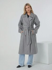 SHEIN EZwear 女士秋冬翻领长袖条纹中长款宽松休闲羊毛夹克 - 灰色 - 查看 5