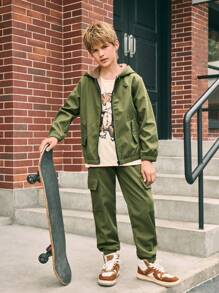 SHEIN 2 件 Tween Boy 休闲保暖内衬绿色连帽衫和宽松工装裤套装，秋冬 - 軍綠色 - 查看 8